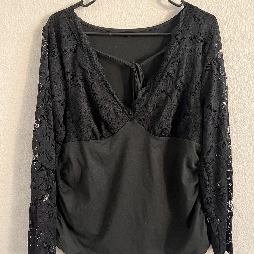 Large XL Babydoll Top Lace Sleeve Ruched Black Whimsigoth Stretch